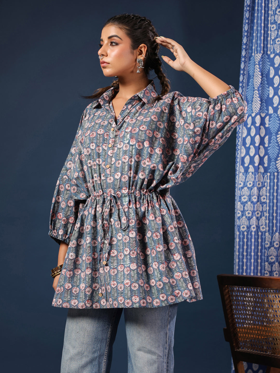 Blue Handblock Printed Shirt Style Kaftan Top