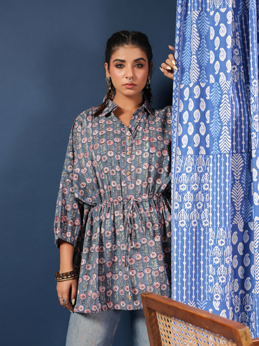 Blue Handblock Printed Shirt Style Kaftan Top