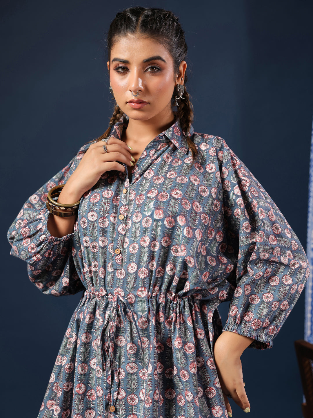 Blue Handblock Printed Shirt Style Kaftan Top