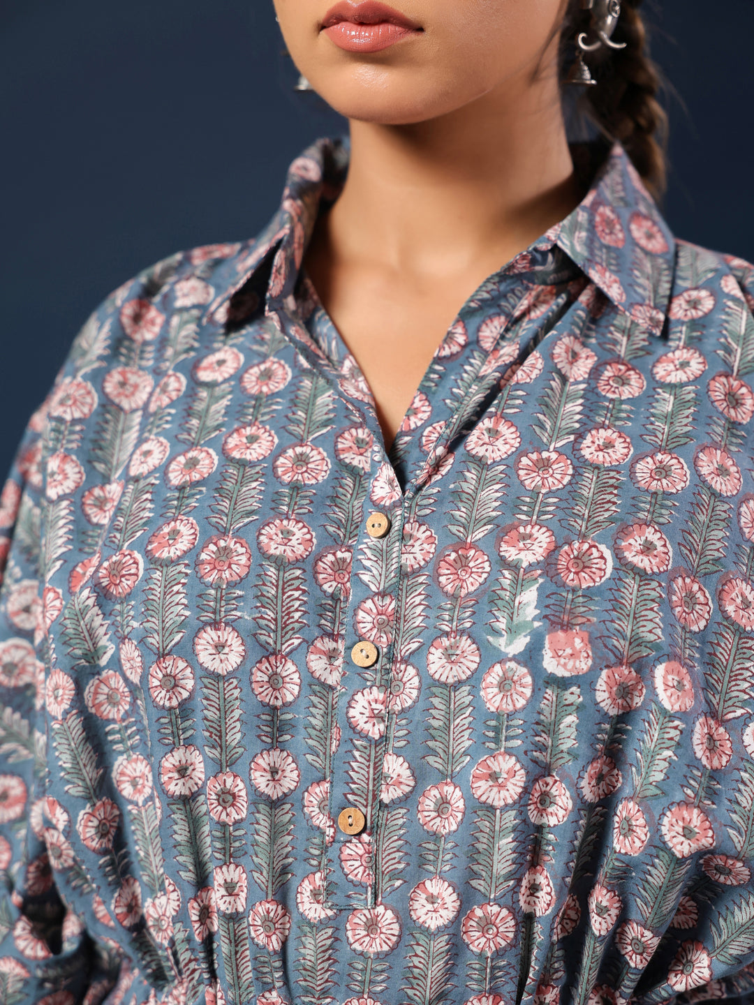 Blue Handblock Printed Shirt Style Kaftan Top