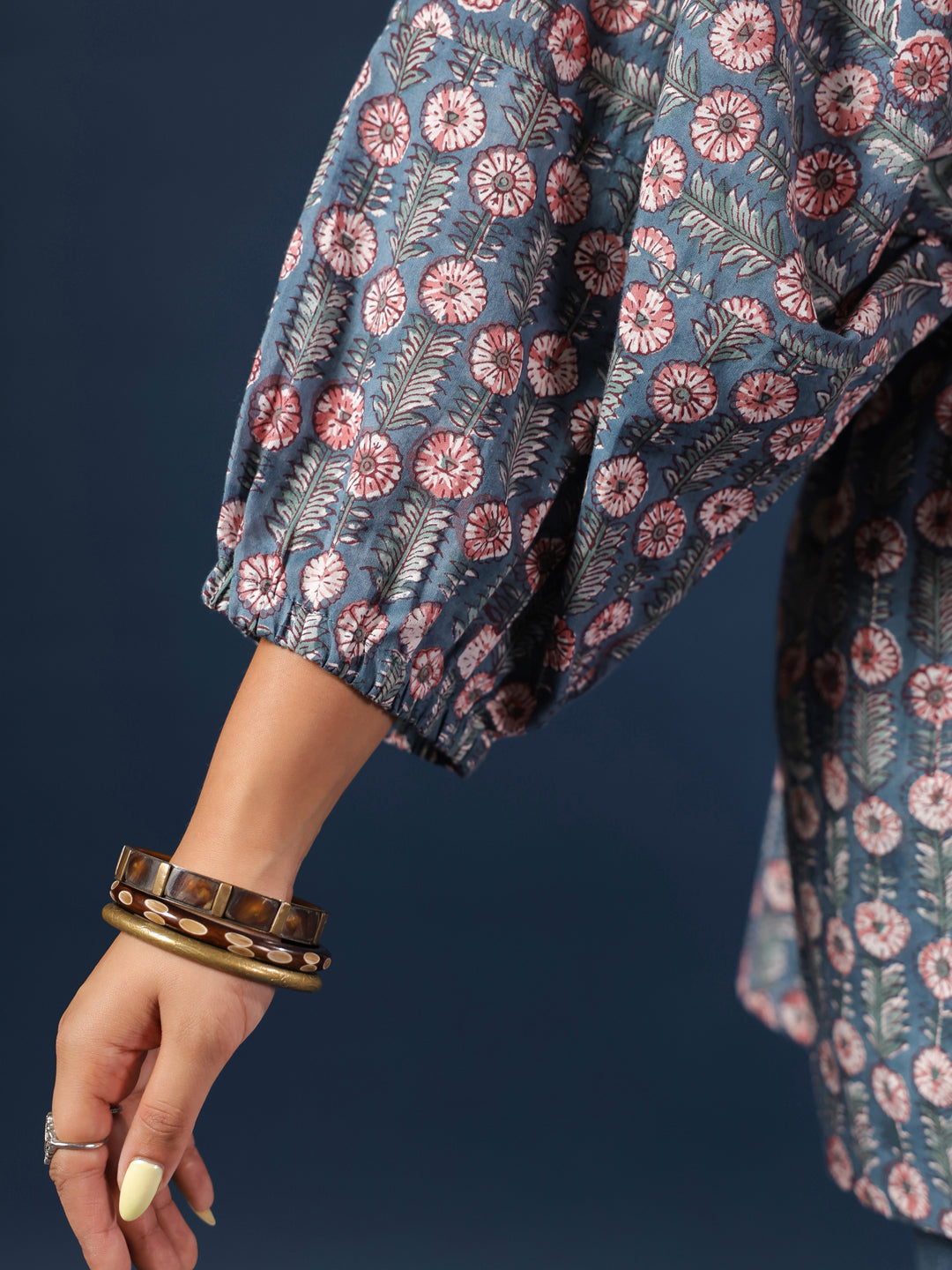Blue Handblock Printed Shirt Style Kaftan Top