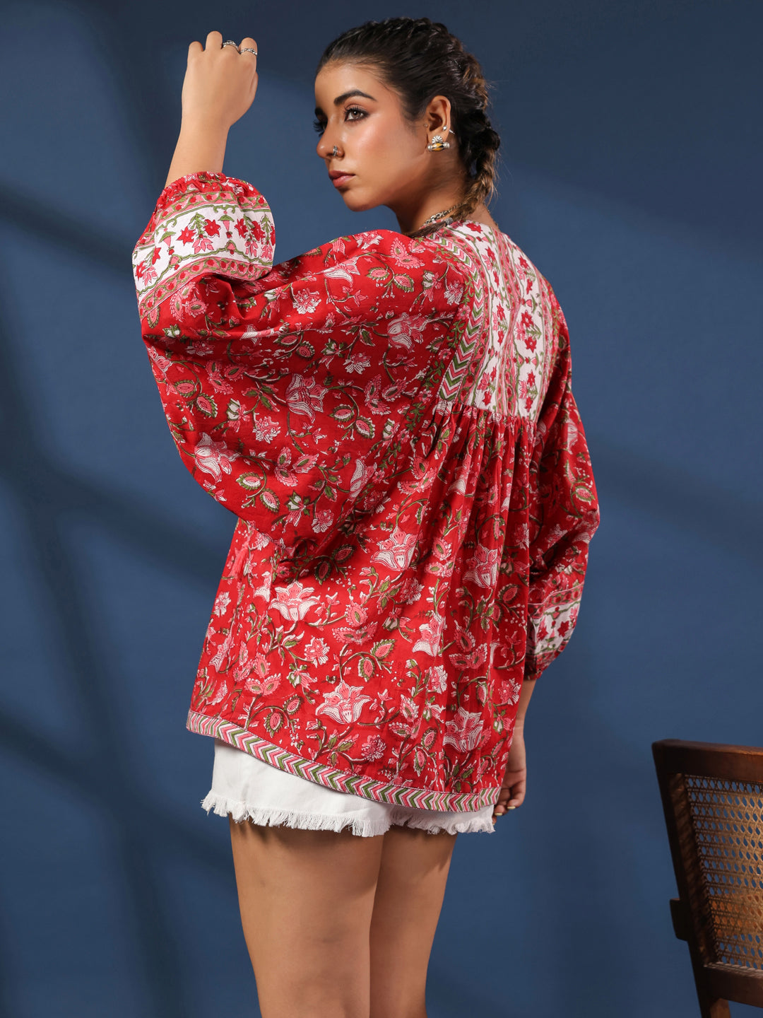 Red Floral Hand-block Printed Boho Volume Sleeves Top