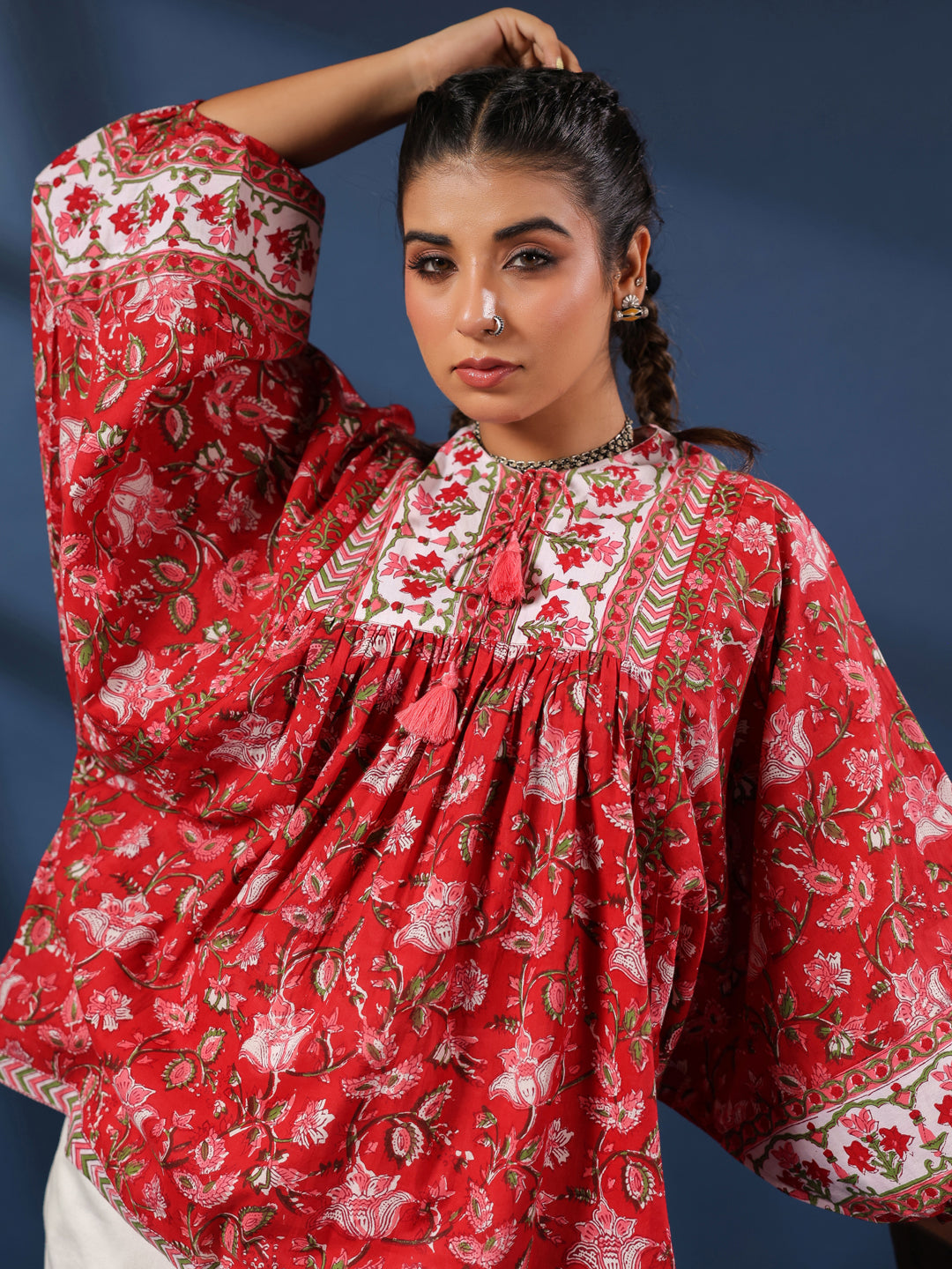 Red Floral Hand-block Printed Boho Volume Sleeves Top