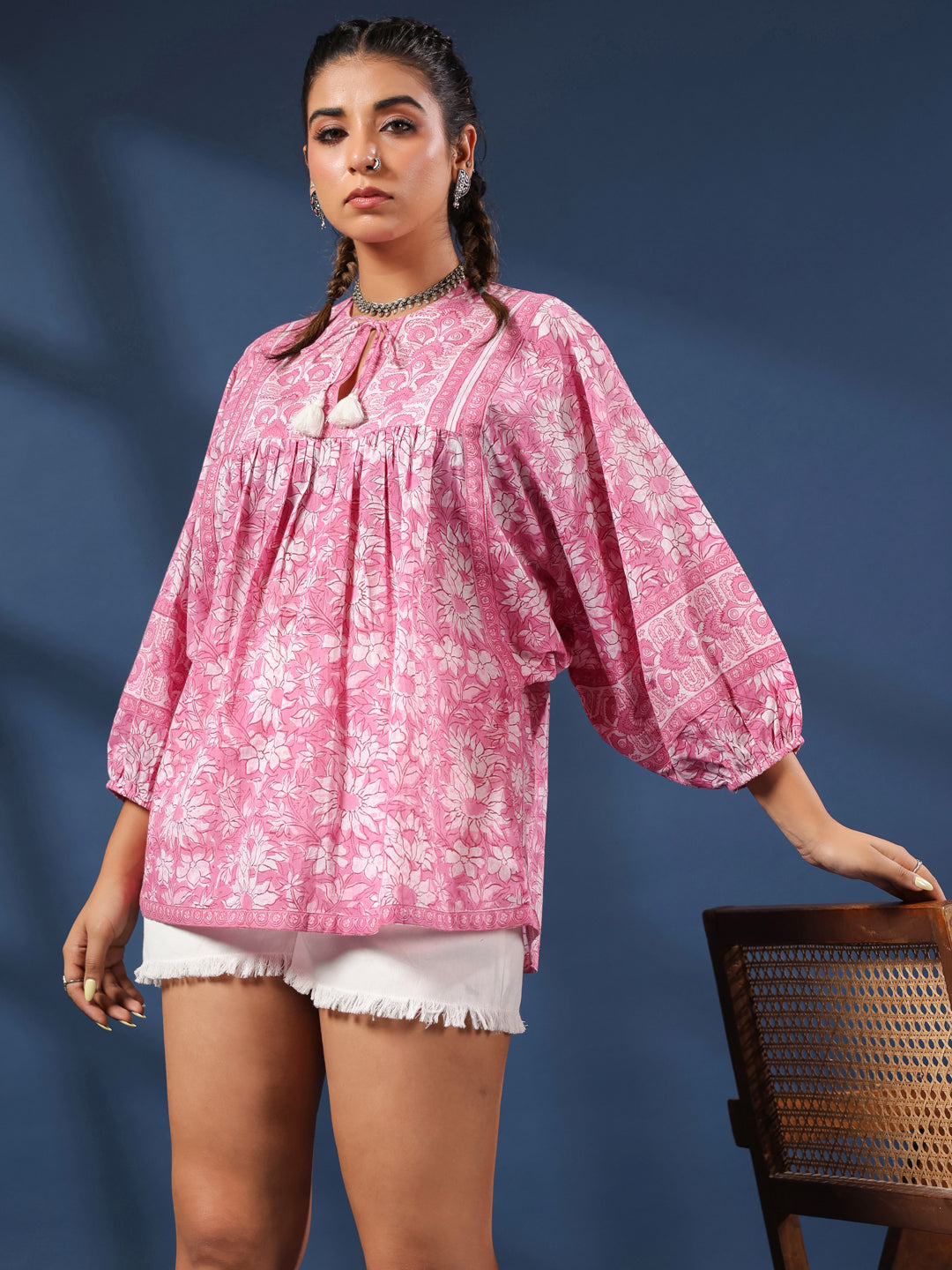 Pink Hand-block Printed Boho Volume Sleeves Top