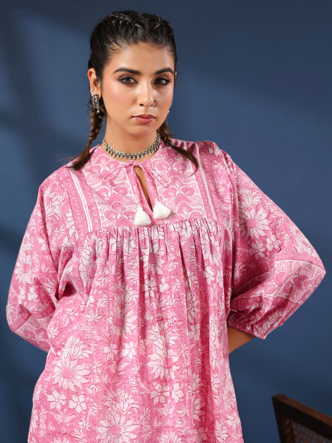 Pink Hand-block Printed Boho Volume Sleeves Top