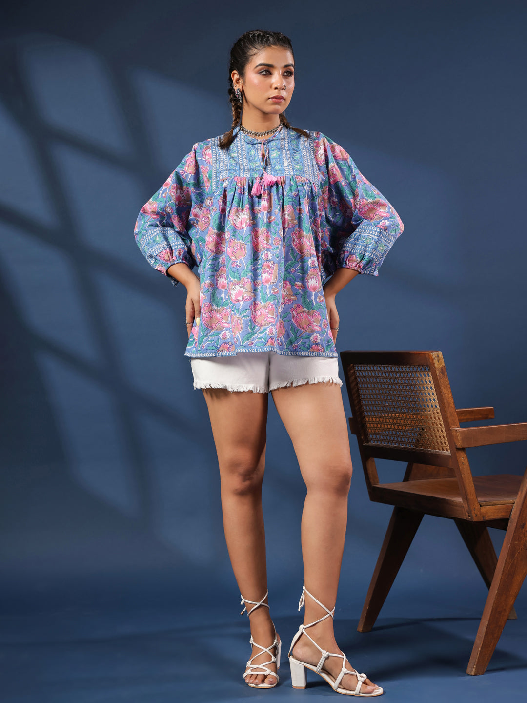 Blue & Pink Floral Boho Volume Sleeves TOP