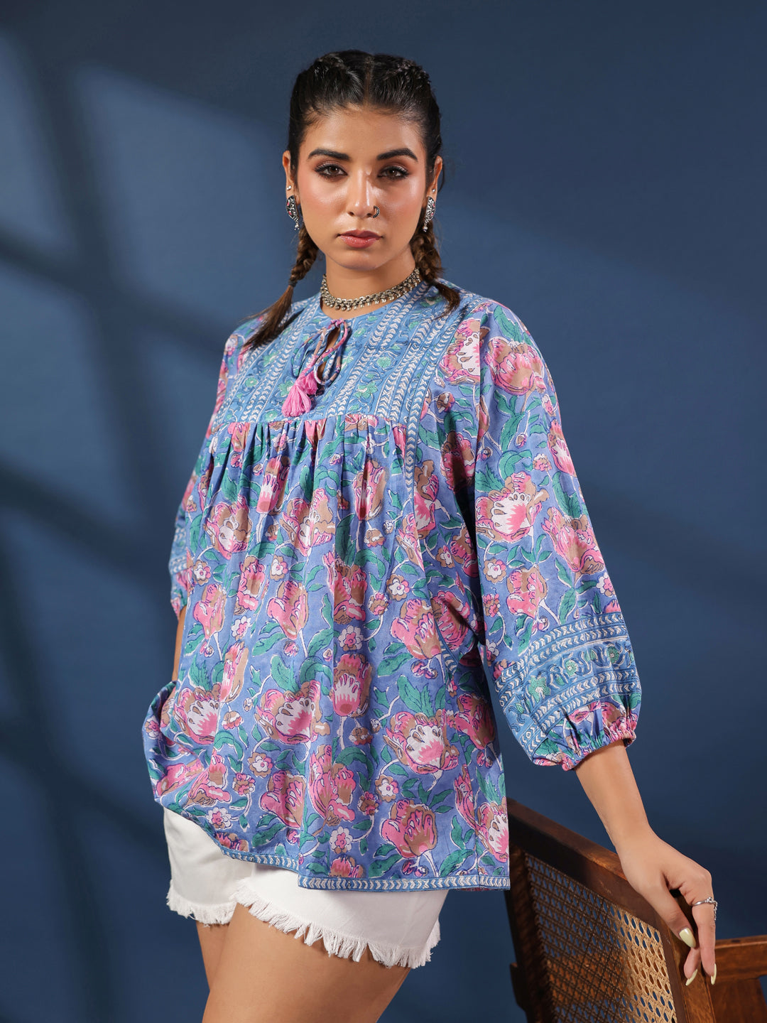 Blue & Pink Floral Boho Volume Sleeves TOP