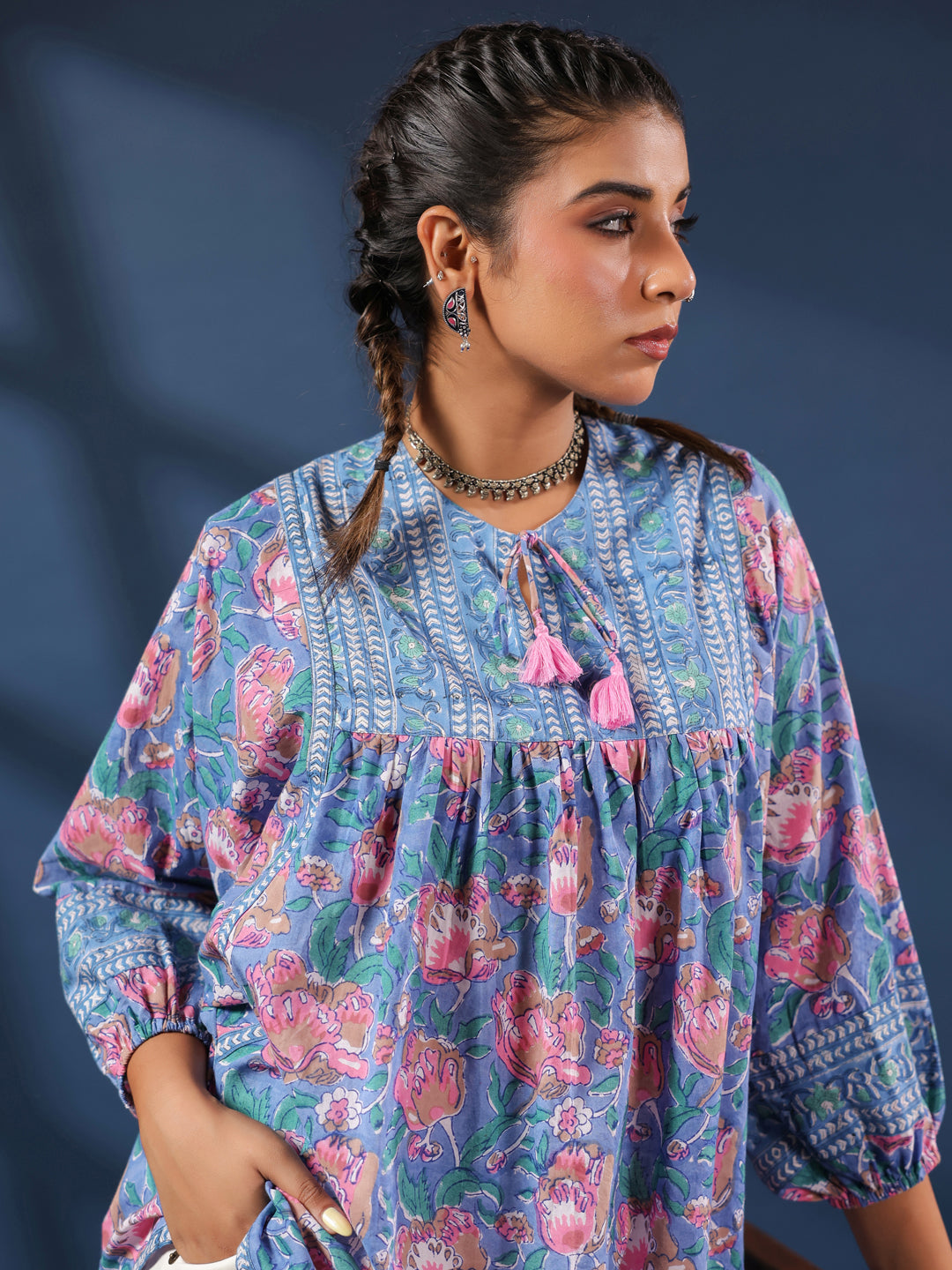 Blue & Pink Floral Boho Volume Sleeves TOP