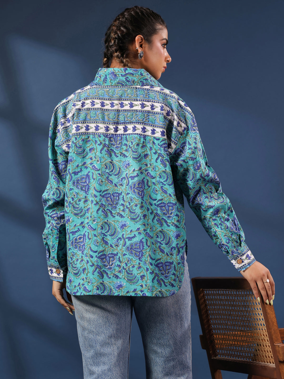 Turquoise Handblock Printed Lose Fit Cotton Shirt