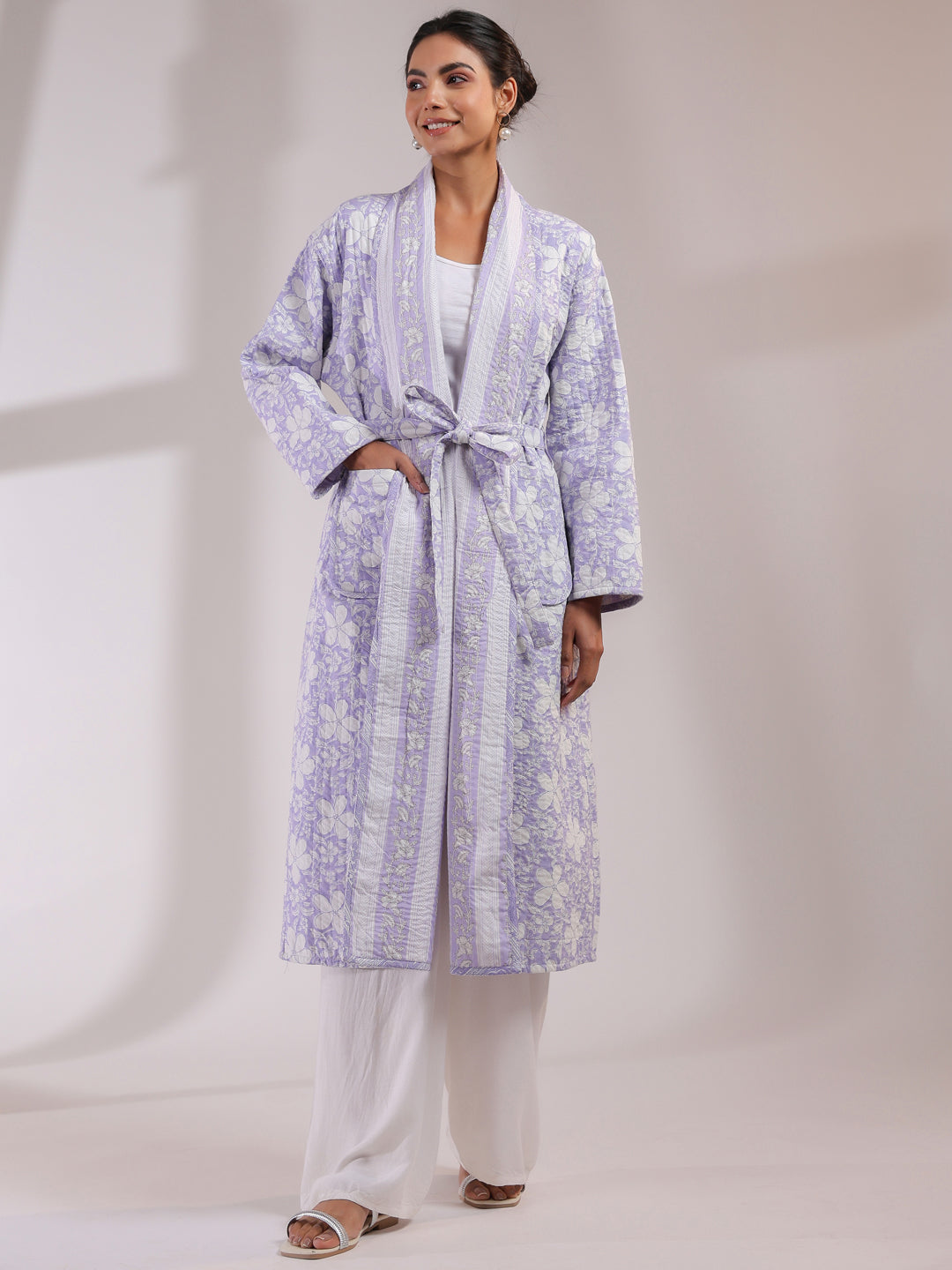 Lavender Boota Printed Light Quilted Reversible Cotton Robe