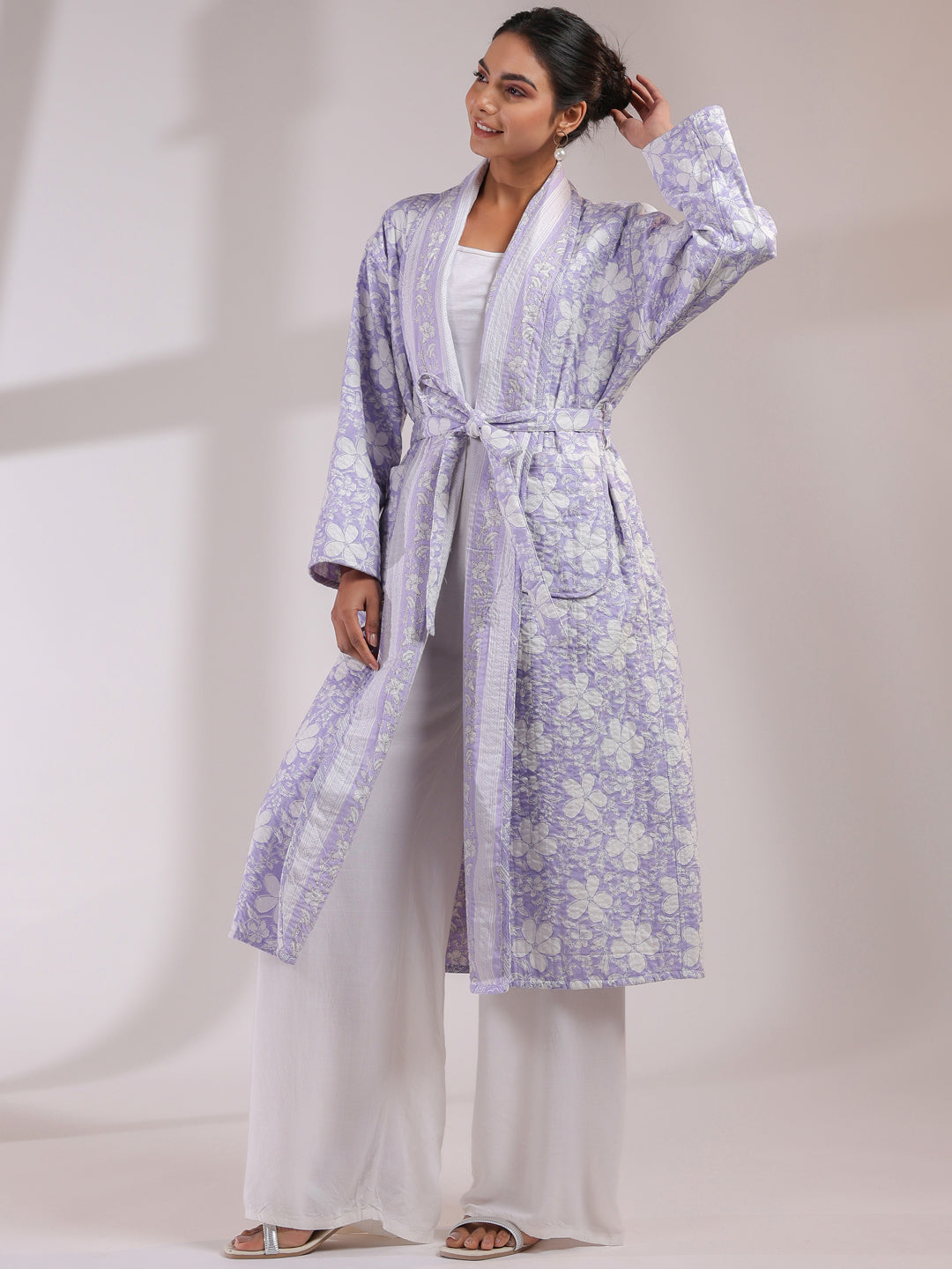Lavender Boota Printed Light Quilted Reversible Cotton Robe