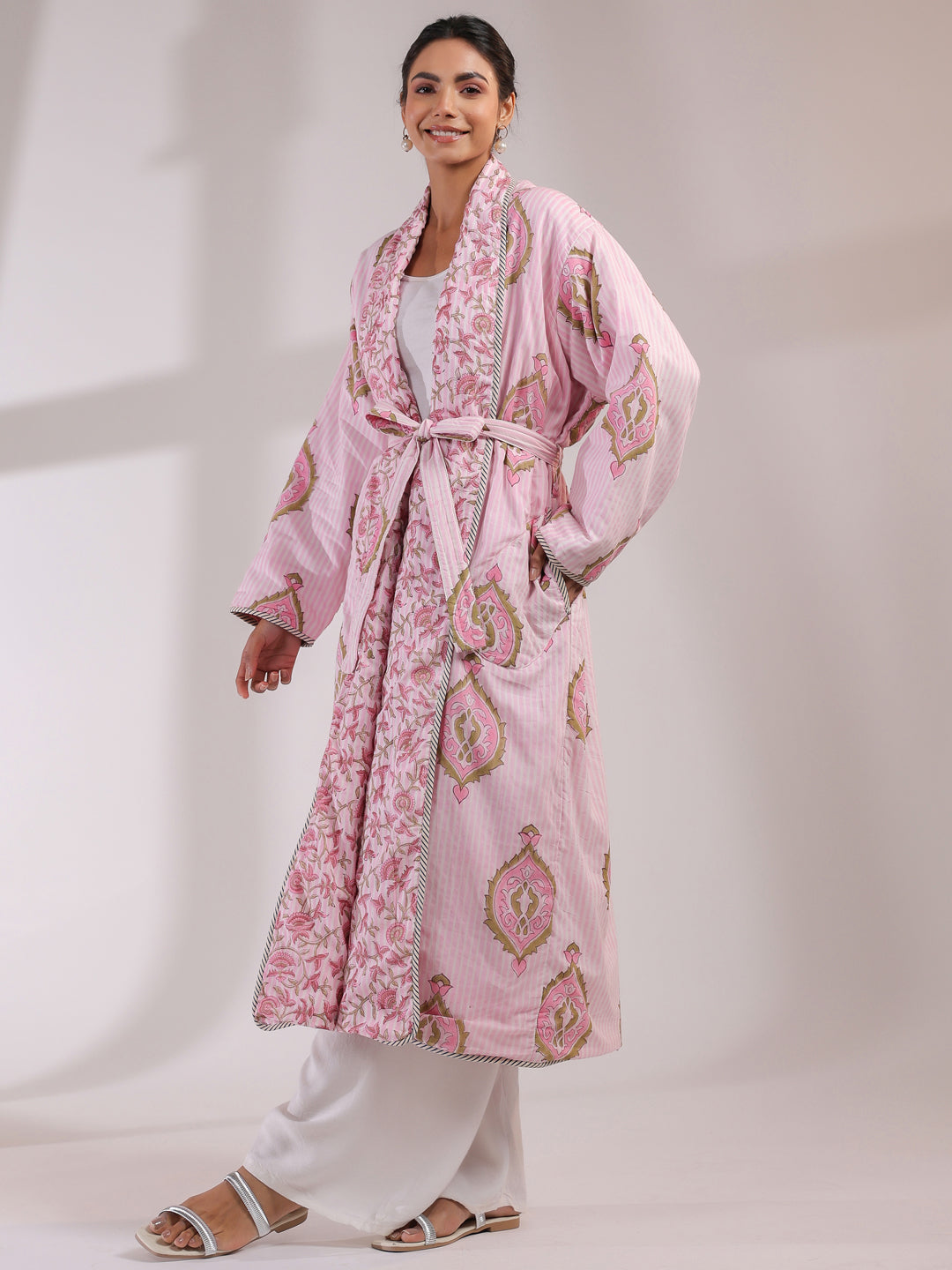 Pink Floral and Stripes Printed Reversible Quilted Robe