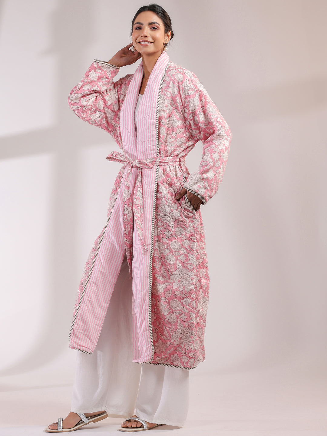 Pink Floral and Stripes Printed Reversible Quilted Robe