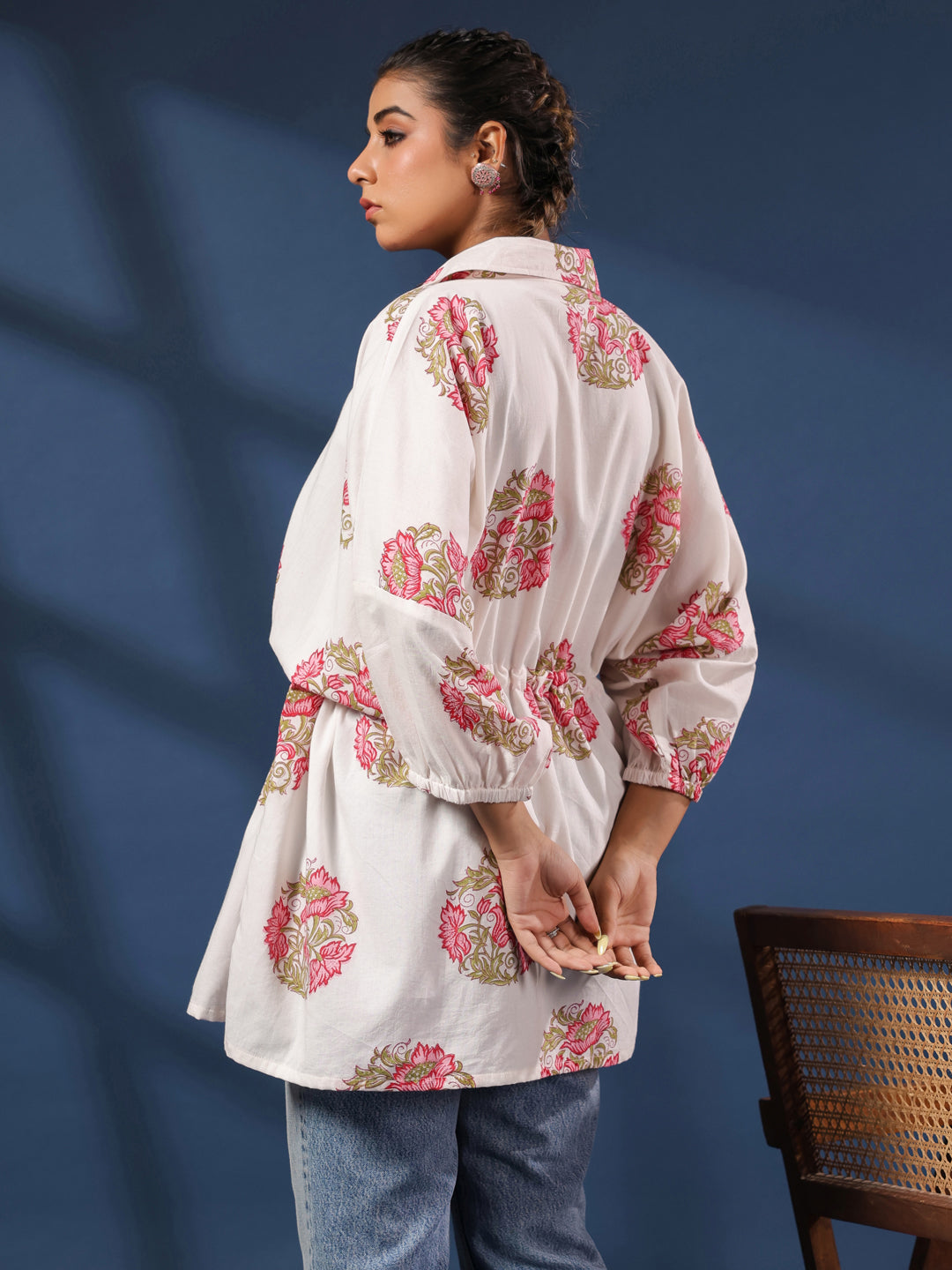 White Handblock Printed Shirt Style Kaftan Top