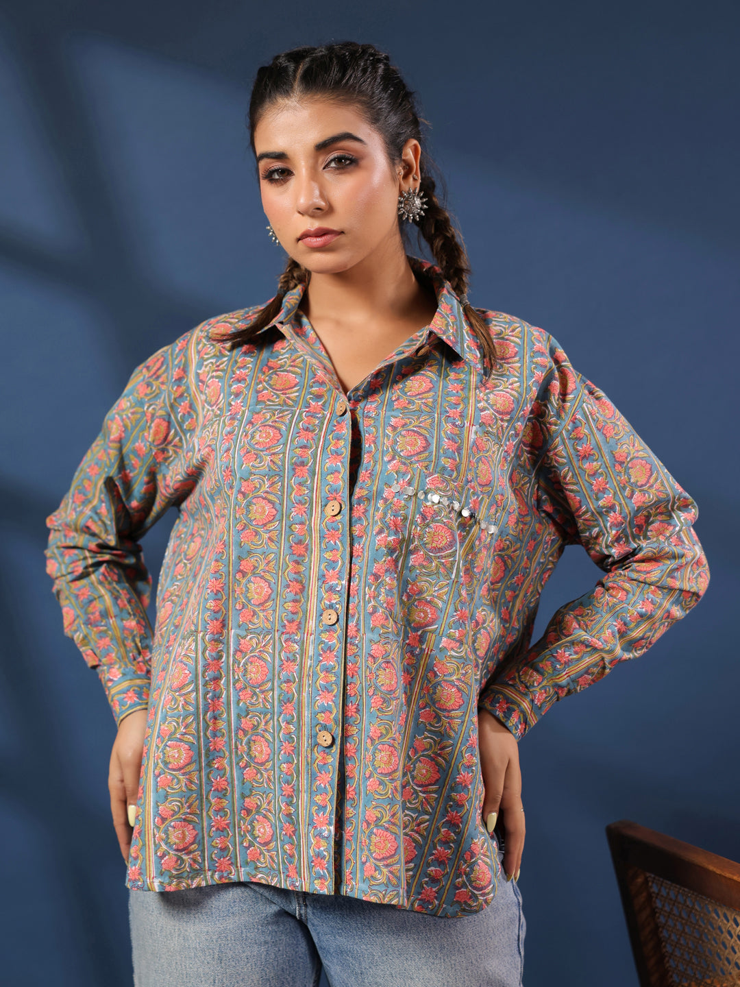 Teal & Coral Handblock Printed Lose Fit Cotton Shirt