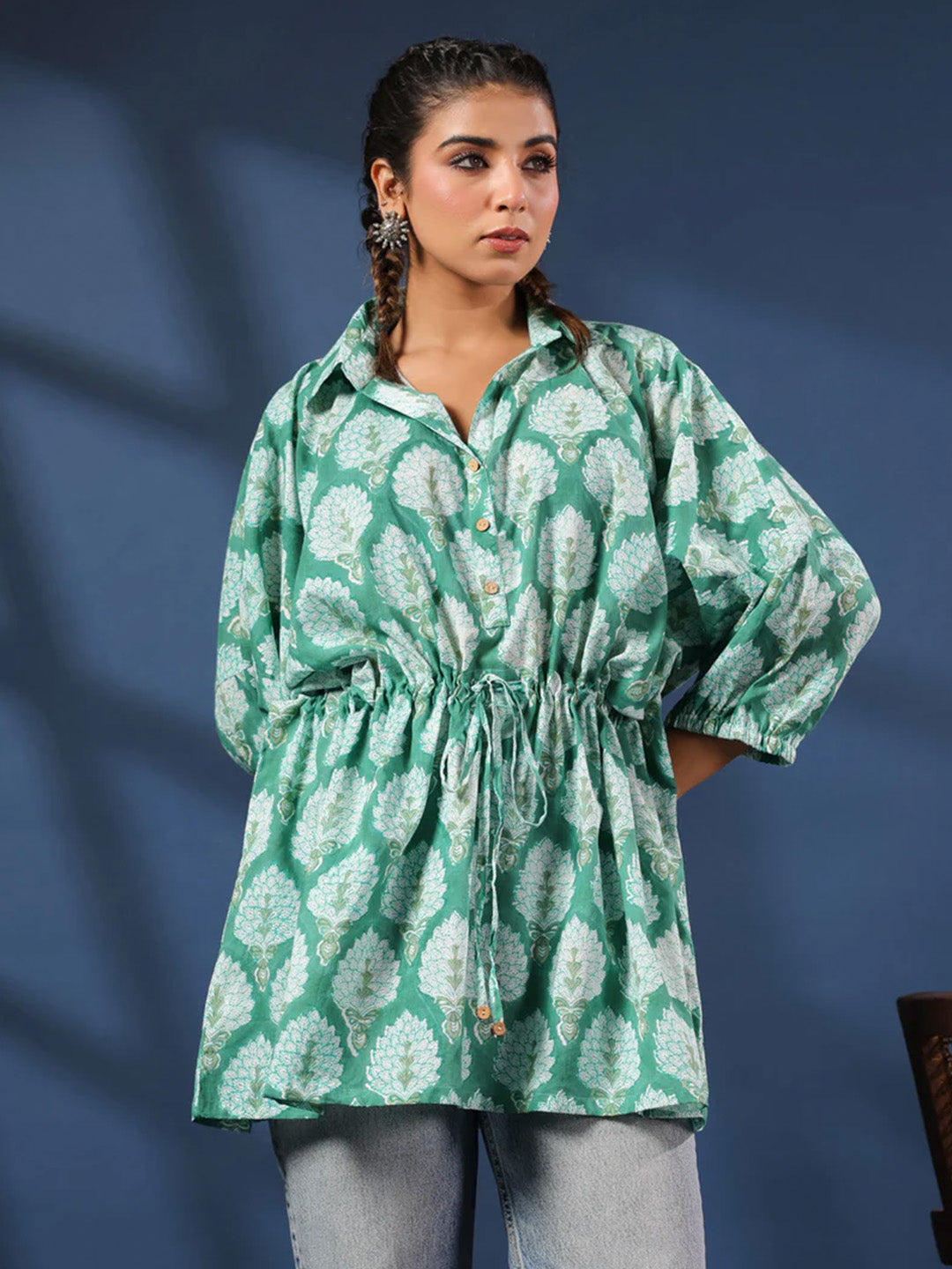 Green Handblock Printed Shirt Style Kaftan Top