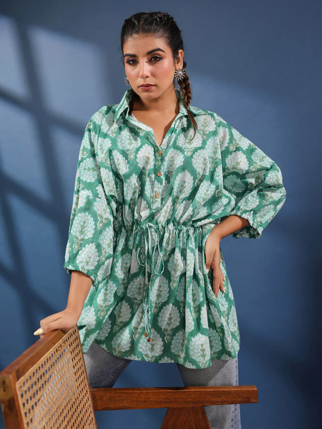 Green Handblock Printed Shirt Style Kaftan Top