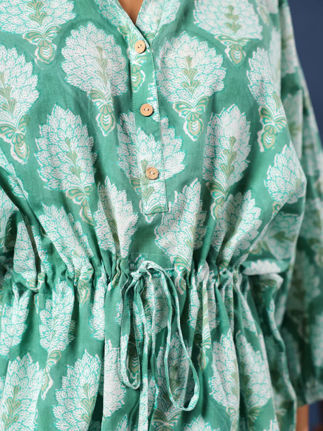 Green Handblock Printed Shirt Style Kaftan Top