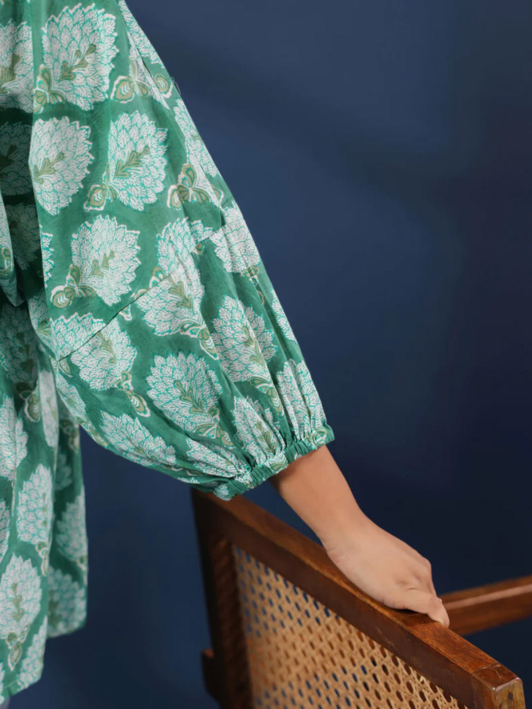 Green Handblock Printed Shirt Style Kaftan Top