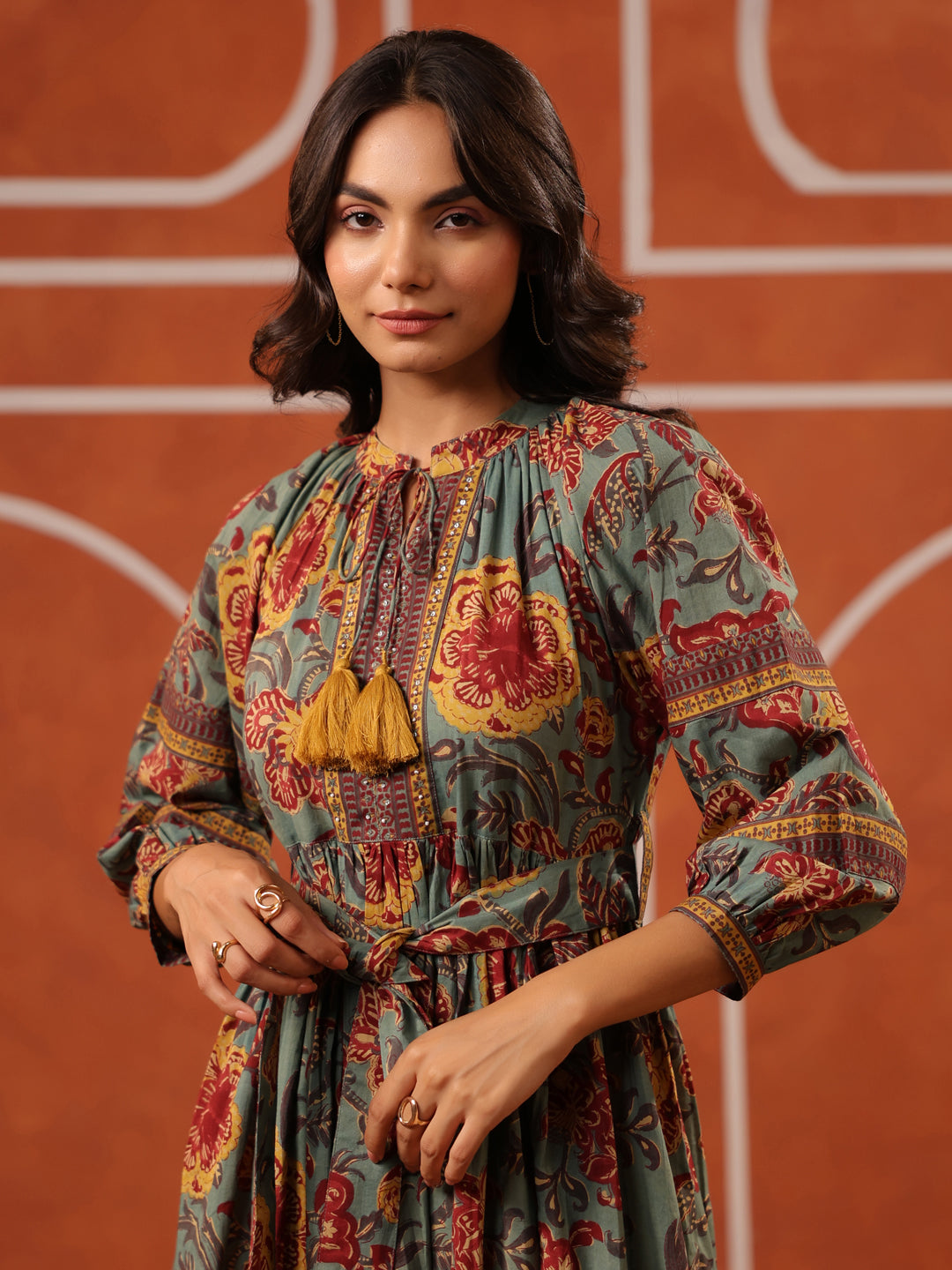 Vintage Floral Tie-Waist Cotton Dress
