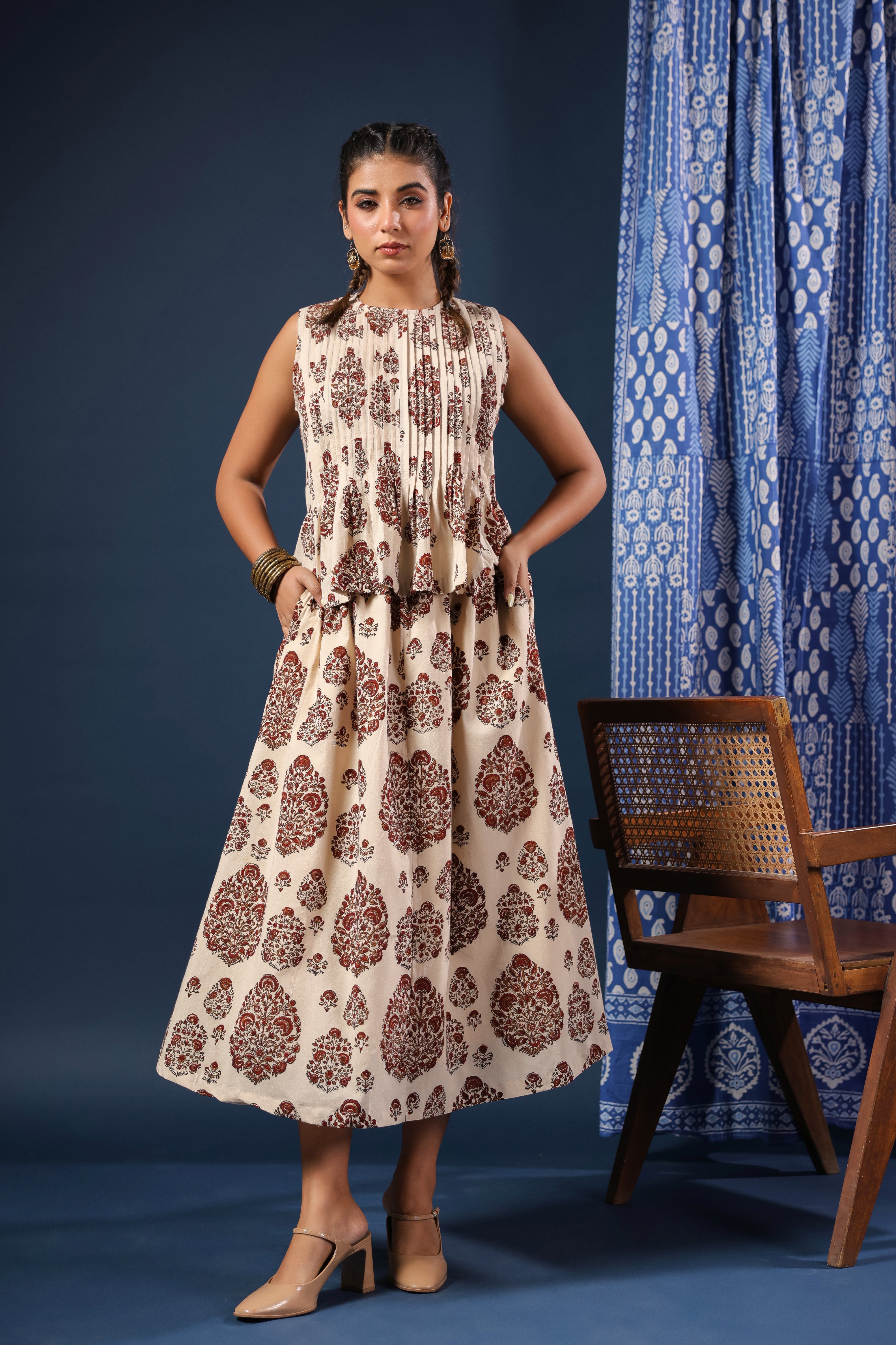 Bagru Cotton Printed Pintucks Top with Skirt