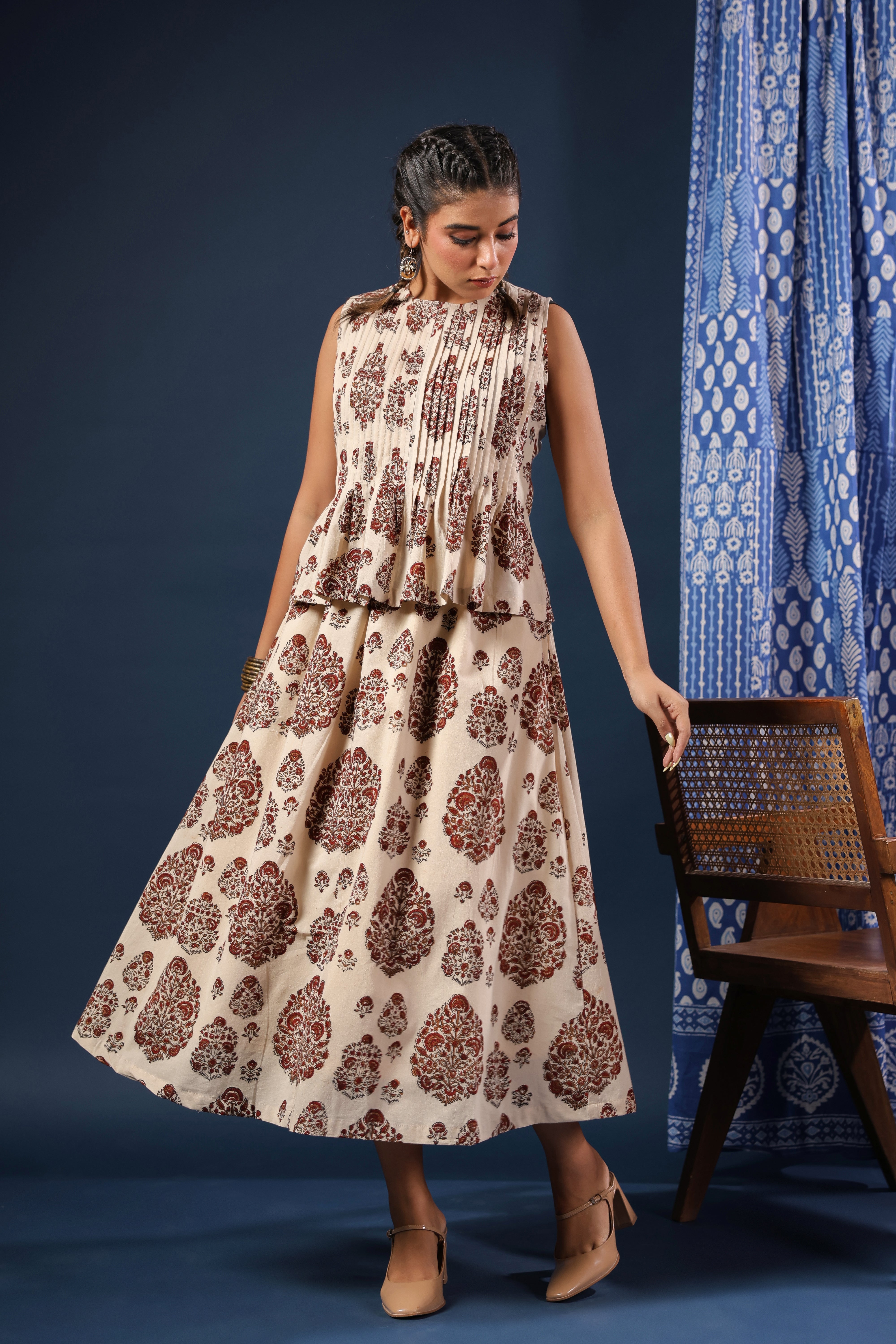 Bagru Cotton Printed Pintucks Top with Skirt