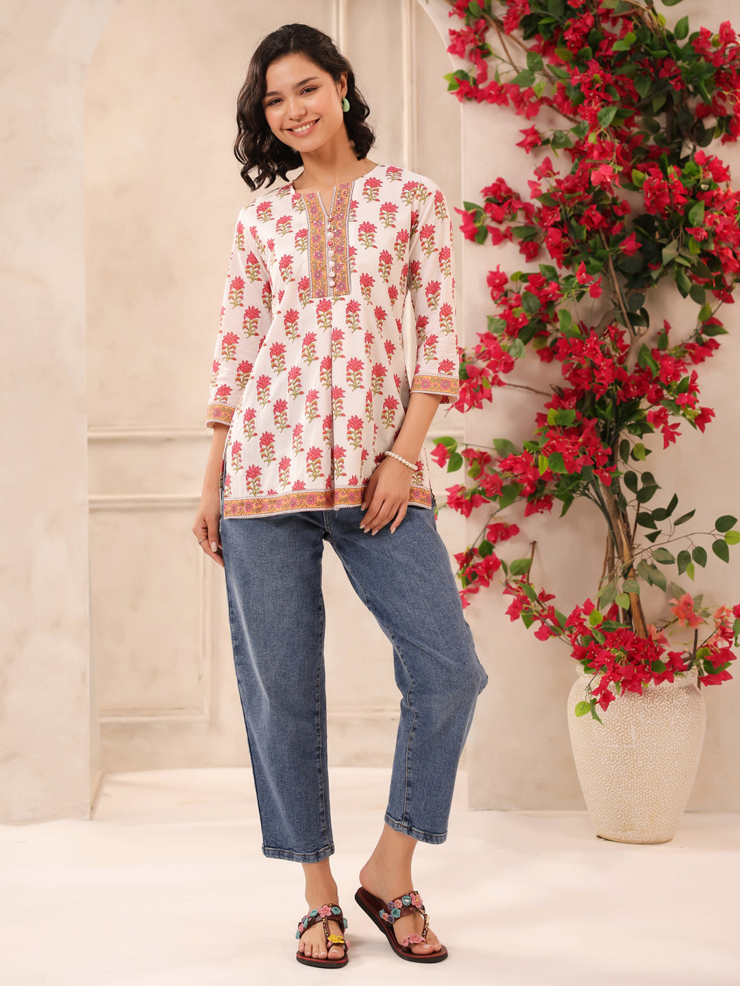 White Printed Cotton Top with Lining