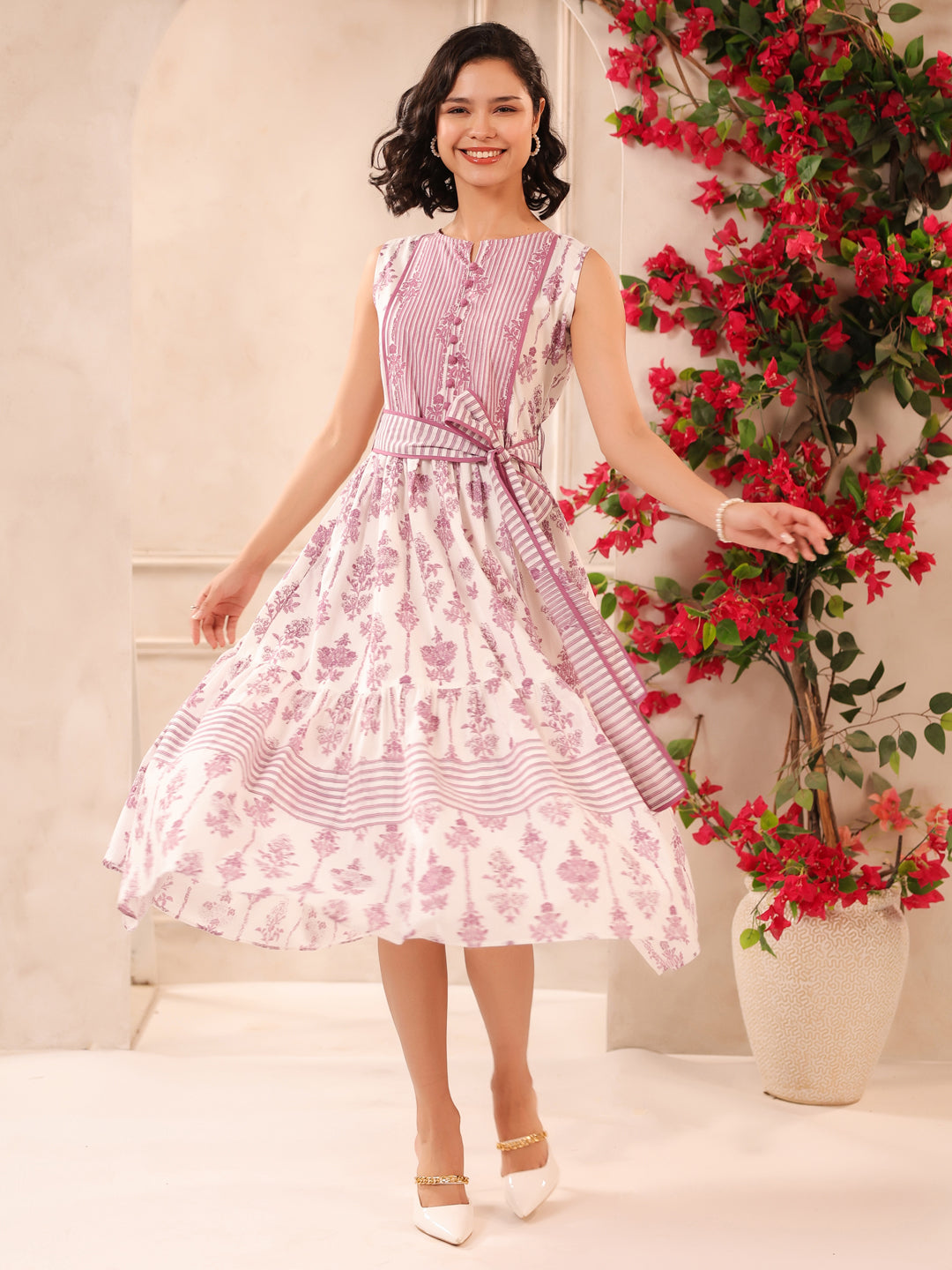 White & Purple Sleeveless Maxi Dress with Belt and Pockets