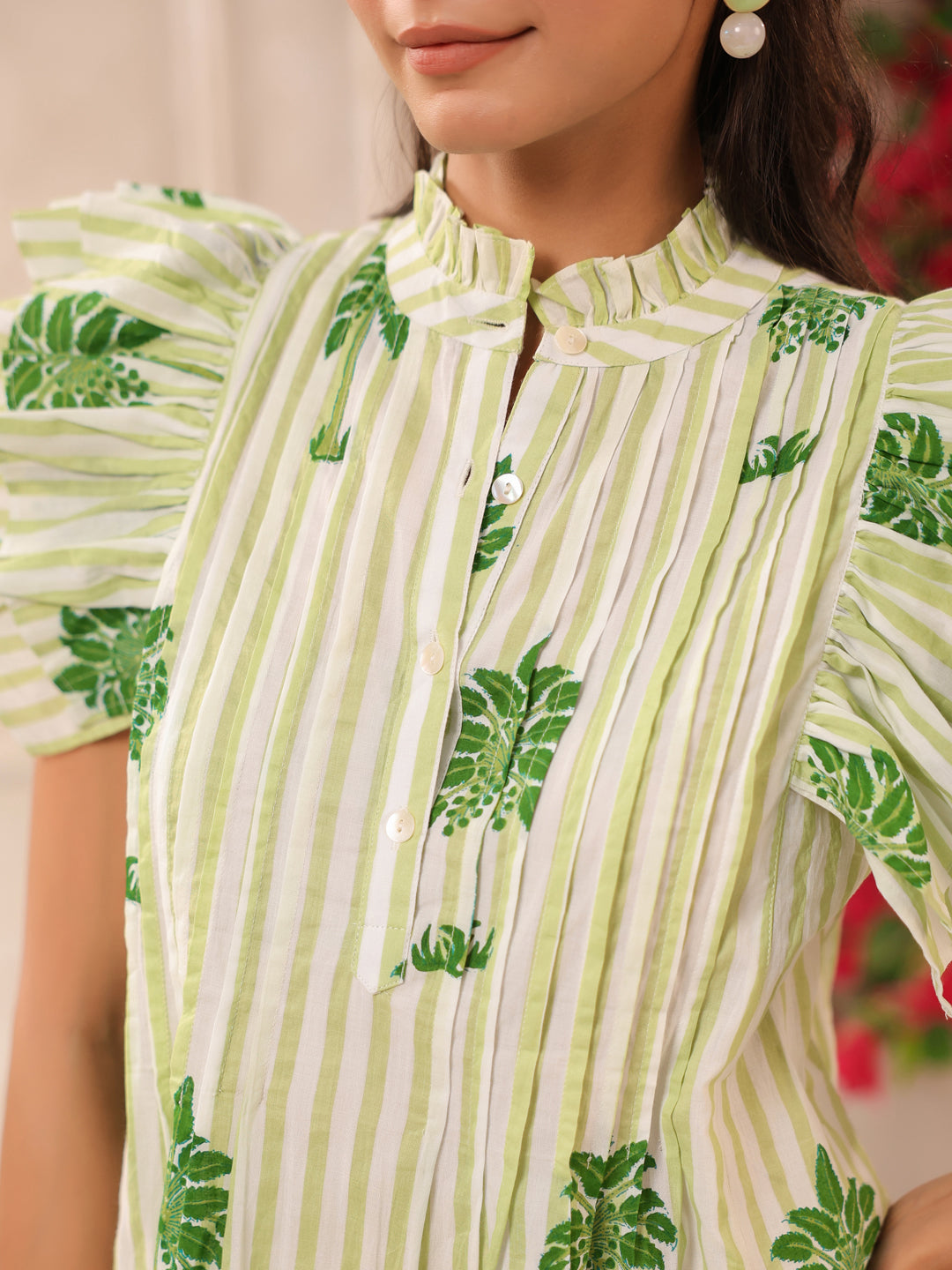 Green Palm Printed Pintucks Cotton Top