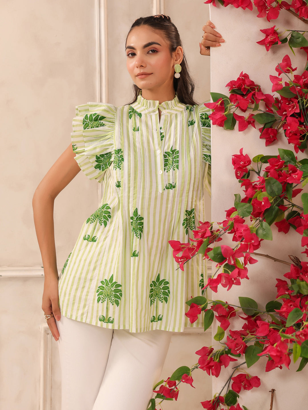 Green Palm Printed Pintucks Cotton Top