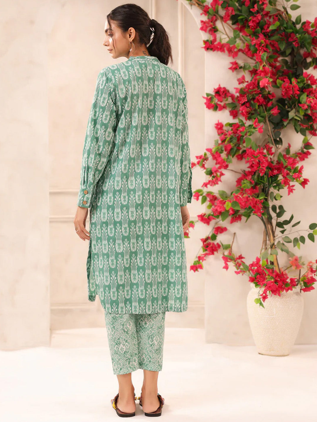 Green Ikkat Printed Cotton Kurta and Pants Set