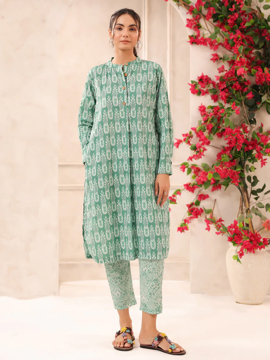Green Ikkat Printed Cotton Kurta and Pants Set