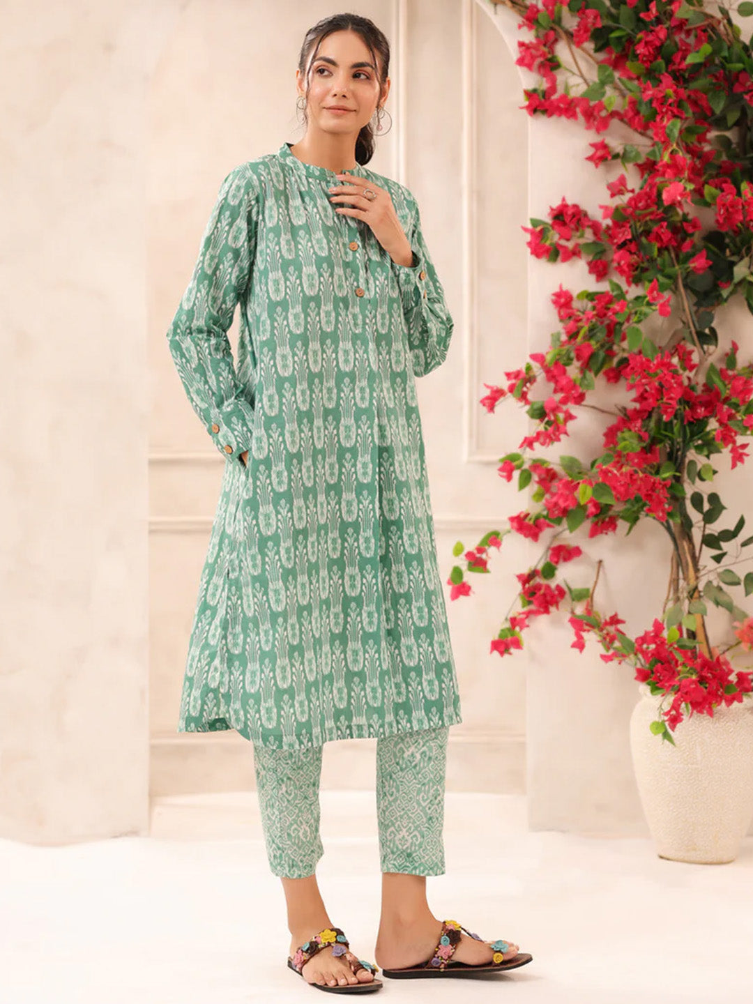 Green Ikkat Printed Cotton Kurta and Pants Set