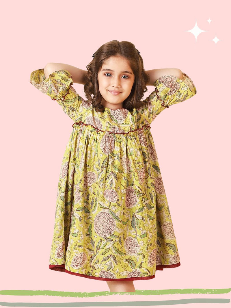 Block Print Kids Dress | Mowgli Yellow Floral
