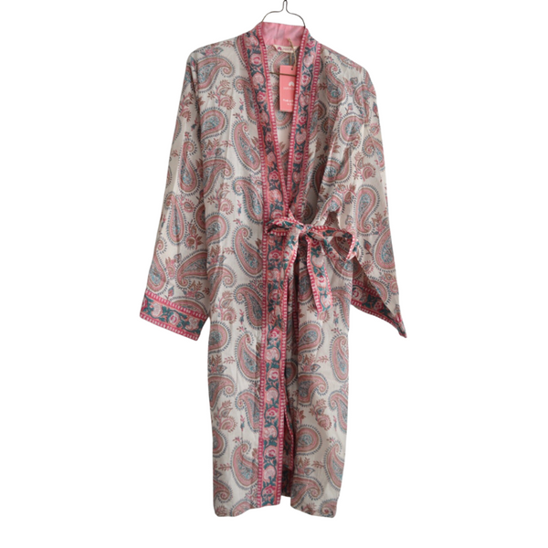 Block Print Cotton Robe | White Paisley