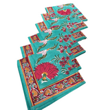 Set of 6 Block Print Cotton Table Napkins | Vintage Floral Teal