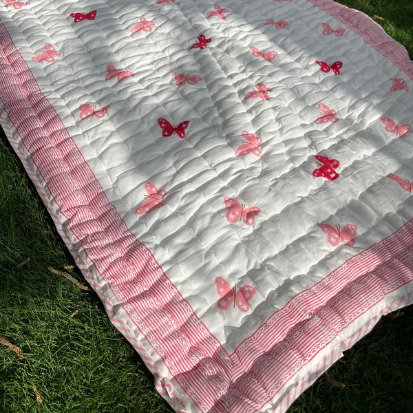Block Print Crib Quilt | Pink Butterfly