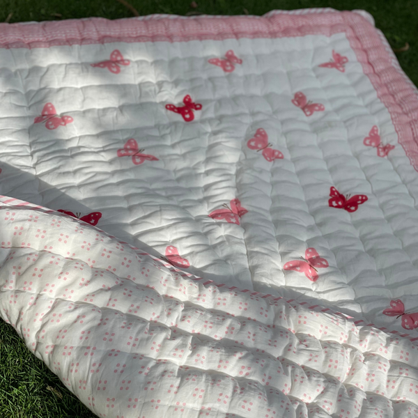 Block Print Crib Quilt | Pink Butterfly