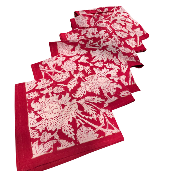 Set of 6 Block Print Cotton Table Napkins | Gulabari Red