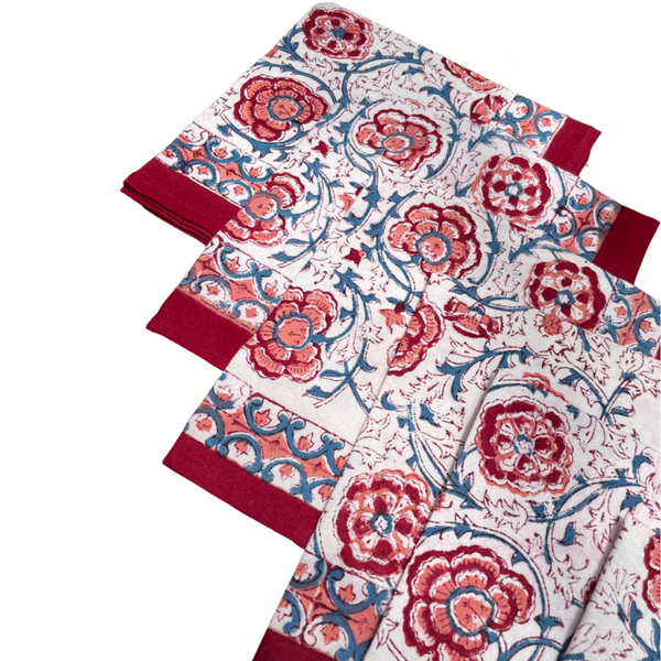 Set of 6 Block Print Cotton Table Napkins | Mughal Bagh Red & Blue