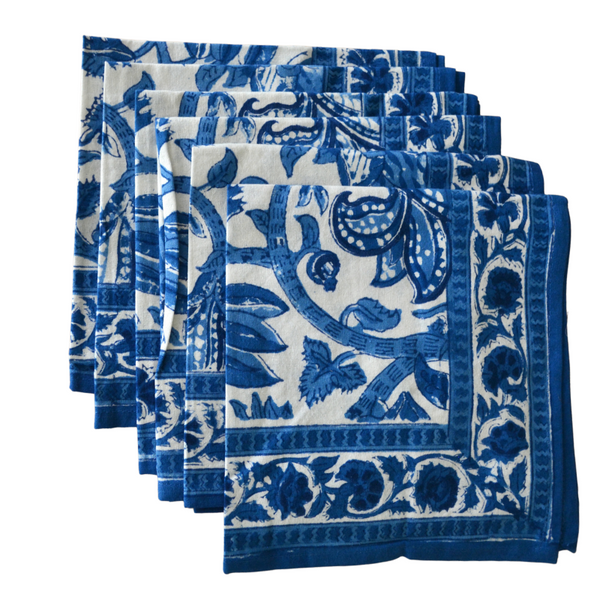 Set of 6 Block Print Cotton Table Napkins | Neelkanth Blue