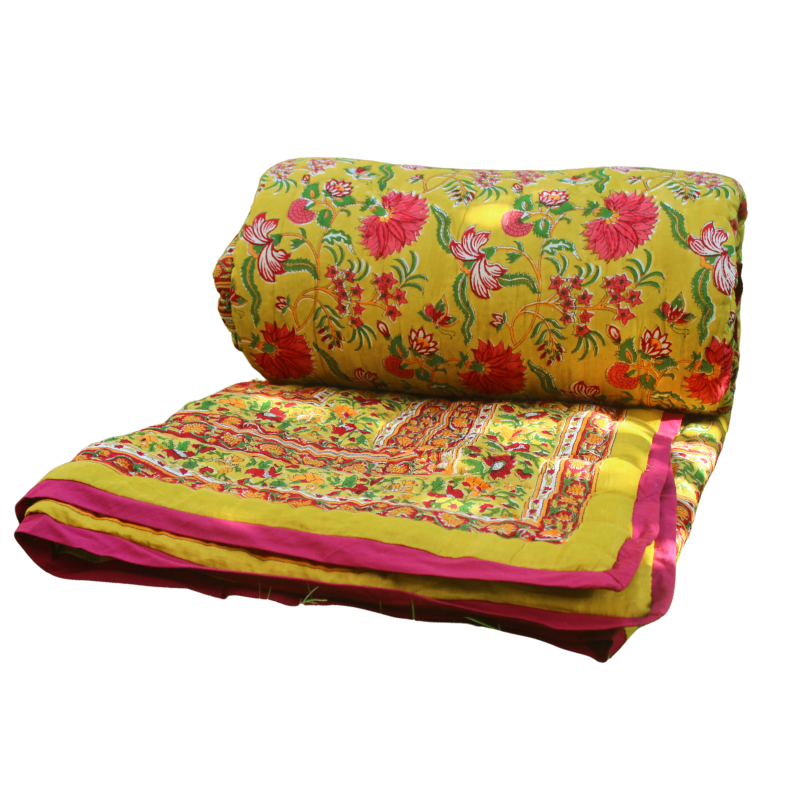 Block Print Queen/King Bed Quilt | Gulbahar Yellow