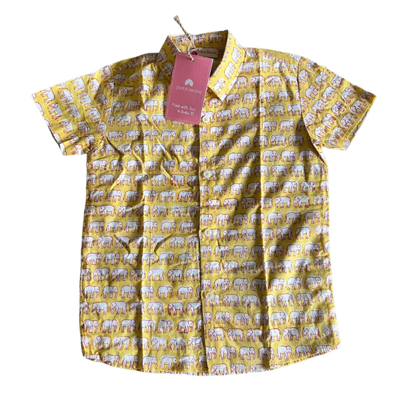Block Print Kids Button Down Shirt | Yellow Elephant