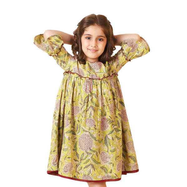 Block Print Kids Dress | Mowgli Yellow Floral
