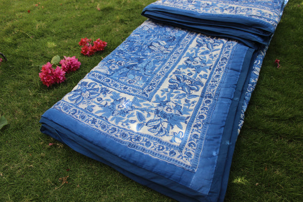 Block Print Queen/King Bed Quilt | Neelkanth Blue
