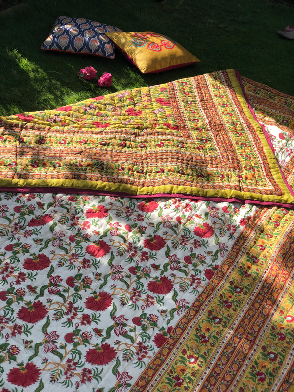 Block Print Queen/King Bed Quilt | Gulbahar Yellow