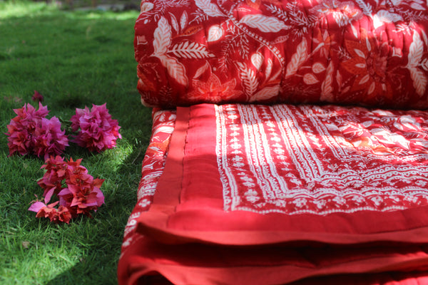 Block Print Queen/King Bed Quilt | Gulab Red