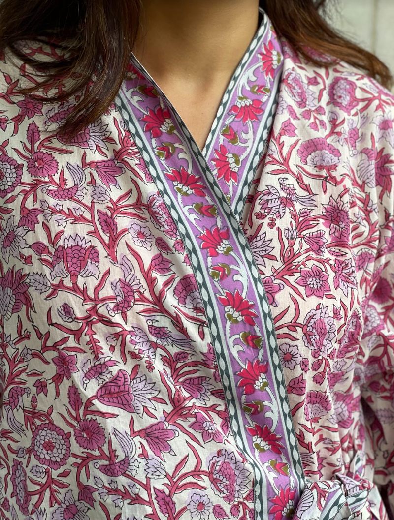 Block Print Cotton Robe | Purple Floral