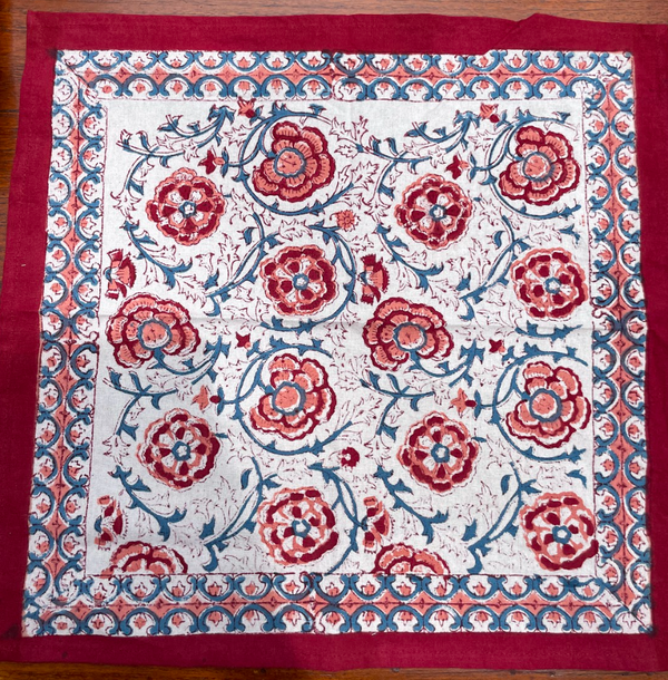 Set of 6 Block Print Cotton Table Napkins | Mughal Bagh Red & Blue
