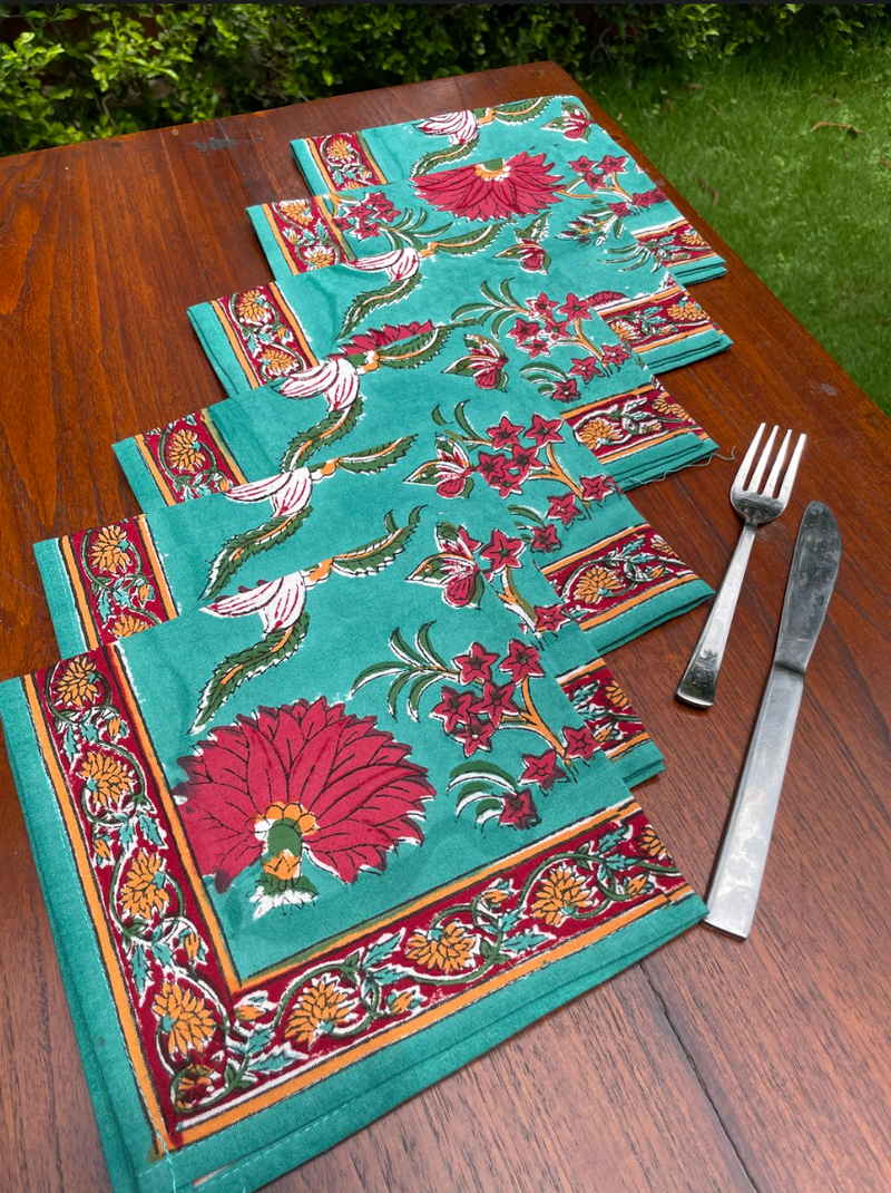 Set of 6 Block Print Cotton Table Napkins | Vintage Floral Teal